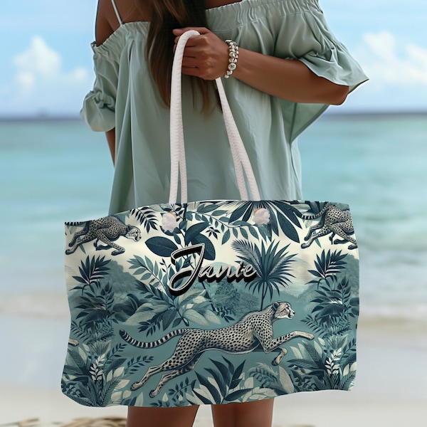 Custom Jungle Print Pattern Name Beach Bag For Summer Vacation Tote Bag Personalized Name Weekend Bag For Girls Weekend