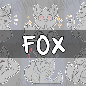 Peut inclure: Un ensemble de 10 illustrations en noir et blanc de renards dans différentes poses. Les illustrations sont de style cartoon et présentent différentes expressions, notamment sourire, rougir et réfléchir. Le mot "FOX" est écrit en gros caractères gras en haut de l'image.