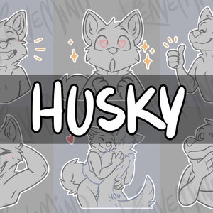 May include: A set of ten digital stickers featuring a husky dog in various poses and expressions. The stickers are in black and white line art style and are labeled "HUSKY".