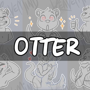 May include: A collection of cartoon otter illustrations in various poses and expressions, including waving, smiling, and showing thumbs up. The word "OTTER" is displayed in bold white letters on a dark gray banner across the image.