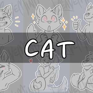 Puede incluir: Un conjunto de 10 ilustraciones en blanco y negro de líneas de un gato en varias poses y expresiones. El gato se representa con una variedad de expresiones faciales, incluyendo feliz, triste, enojado y sorprendido. Las ilustraciones son perfectas para usar en proyectos digitales o físicos.