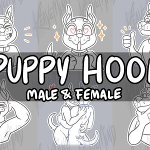 May include: A banner featuring cartoon puppy characters with various expressions. The text "PUPPY HOOD" is displayed in large white letters, with "MALE & FEMALE" underneath. The background is a gradient of gray and white with a scribbled design.