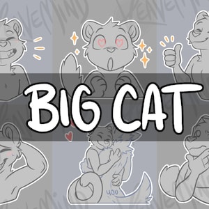 May include: A set of nine black and white line art illustrations of big cats in various poses. The illustrations are in a cartoon style and feature different facial expressions. The text "BIG CAT" is written in bold white letters on a black background.