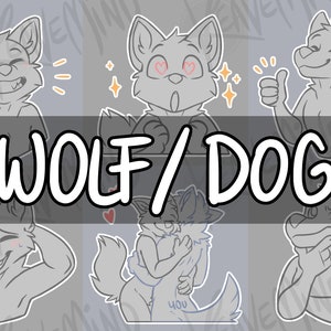 Puede incluir: Un conjunto de 10 ilustraciones en blanco y negro de personajes de lobo o perro en varias poses y expresiones. Los personajes están todos en un estilo de dibujos animados y tienen un diseño simple y limpio. El texto "WOLF/DOG" se muestra en una fuente grande y en negrita en la parte inferior de la imagen.