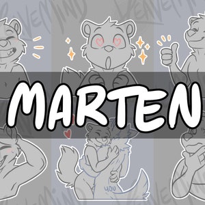May include: A set of nine black and white digital illustrations of a marten in various poses. The marten is a small, furry mammal with a long, slender body and a bushy tail. The illustrations are in a cartoon style and feature the marten in different expressions, such as smiling, winking, and frowning. The word "MARTEN" is written in large, bold letters across the bottom of the image.