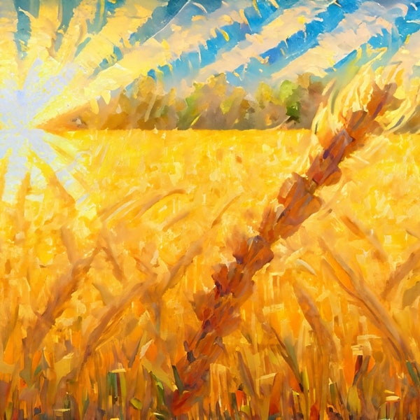 Wheat Life 4K, Frame TV Art, Bright, Sunny, Happy, Uplifting, Oil Painting Style, Beautiful Sunny Wheat Field Landscape with Soothing Colors