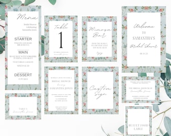 Blue/Green Vintage Floral Bridal Shower Bundle, Blue/Green Vintage Bridal Shower Bundle Templates, Instant Download