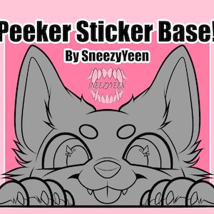Könnte beinhalten: Eine digitale Illustration eines Cartoon-Fuchses, der über eine Oberfläche späht. Der Fuchs ist grau mit großen Augen und einem lächelnden Gesichtsausdruck. Der Text "Peeper Sticker Base!" und "By SneezyYeen" befindet sich oben.