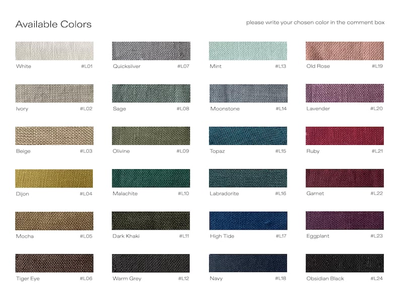 May include: A chart of 24 fabric swatches with color names and corresponding numbers. The swatches are arranged in four rows of six swatches each. The colors include white, ivory, beige, Dijon, mocha, tiger eye, quicksilver, sage, olivine, malachite, dark khaki, warm grey, mint, moonstone, topaz, labradorite, high tide, navy, old rose, lavender, ruby, garnet, eggplant, and obsidian black.