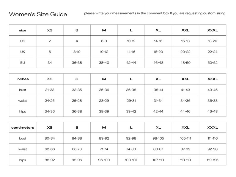 May include: Women's size guide chart with measurements in inches and centimeters for sizes XS to XXXL. The chart includes US, UK, and EU sizes.