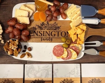 Marble Wood Engraved Charcuterie Board with Coasters, Christmas Gift, Housewarming Gift, Gift for Her, Marble Cheese Board, New Home Gift