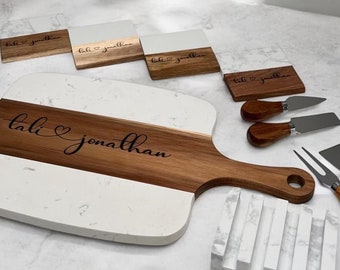 Personalized Marble Wood Charcuterie Board & Coasters, Custom Engraved Cheese Board, Wedding Gift, Housewarming, Closing Gift, Gift for Her