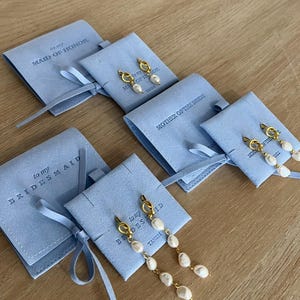 Knot Pearl Drop Earrings with Dusty Blue Gift Pouch, Perfect Bridesmaid Gift,  Wedding Earrings, Maid of Honor Gift, Bridesmaid Gifts