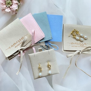Bridesmaid Earrings 18k Gold Plated, Bridesmaid Gift, Bridesmaid Pearl Knot Earrings in Personalized Engraved Suede Pouch, Bridal Party Gift