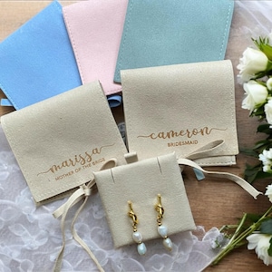 Bridesmaid Earrings 18k Gold Plated, Bridesmaid Gift, Bridal Party Pearl Knot Earrings in Personalized Suede Pouch, Bridesmaid Proposal Gift