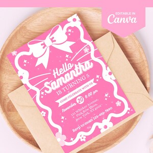 Convite de aniversário fofo de gatinho, convite de aniversário editável de gatinho, convite de aniversário digital de gatinho, tema de aniversário rosa fofo, convite de gatinho