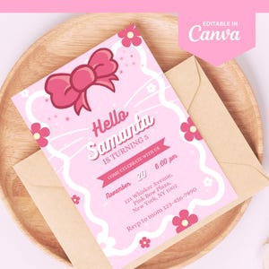 Invitation d'anniversaire de chat mignon, invitation d'anniversaire de chat modifiable, invitation d'anniversaire de chat numérique, thème d'anniversaire rose mignon, invitation de chat