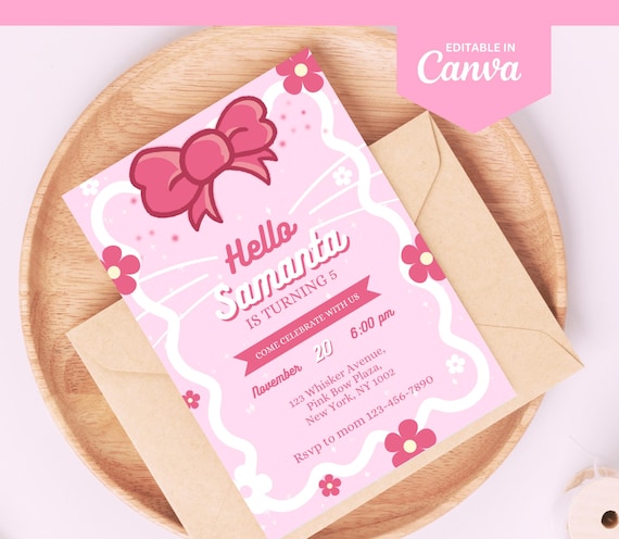 Cute Kitty Birthday Invitation, Editable Kitty Birthday Invitation, Kitty Digital Birthday evite, Cute Pink Birthday Theme, Kitty Invitation