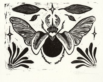 One of a kind decorative beetle art: original Lino print