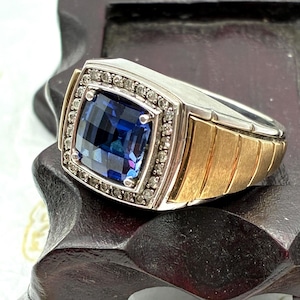 Blue Sapphire and Sterling Silver Ring With Gold Filled Accents / Vintage / Size 13