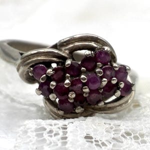 Branched Openwork and  Cluster Ruby and Sterling Silver Ring / Vintage / Size 8
