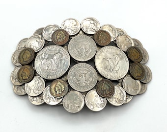 Folk Art Belt Buckle Made of Coins/ Vintage