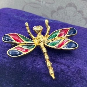 Vintage Enamel Dragonfly Brooch Gold Tone Rhinestone Eyes