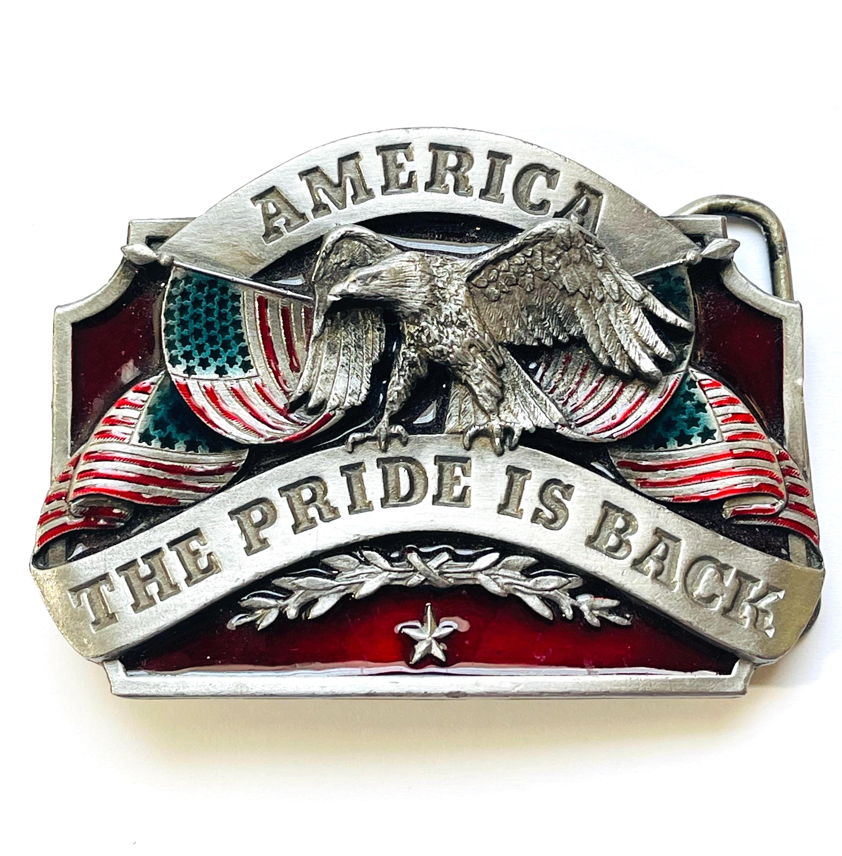 Vintage USA patriotic belt buckle, Siskiyou Co., eagle & flags, 1986