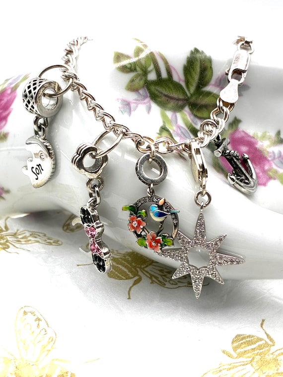 Packed Charm Bracelet Mixed Themes / Vintage 925 Sterling Silver / 8”