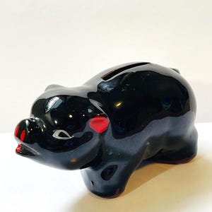 Small black piggy bank, ceramic, made in Japan, quirky vintage kitsch
