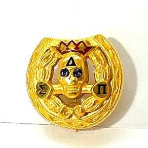 1930s Gold-Filled Fraternity Pin, Delta Sigma Pi, Skull and Bones, Purple Amethyst Eyes
