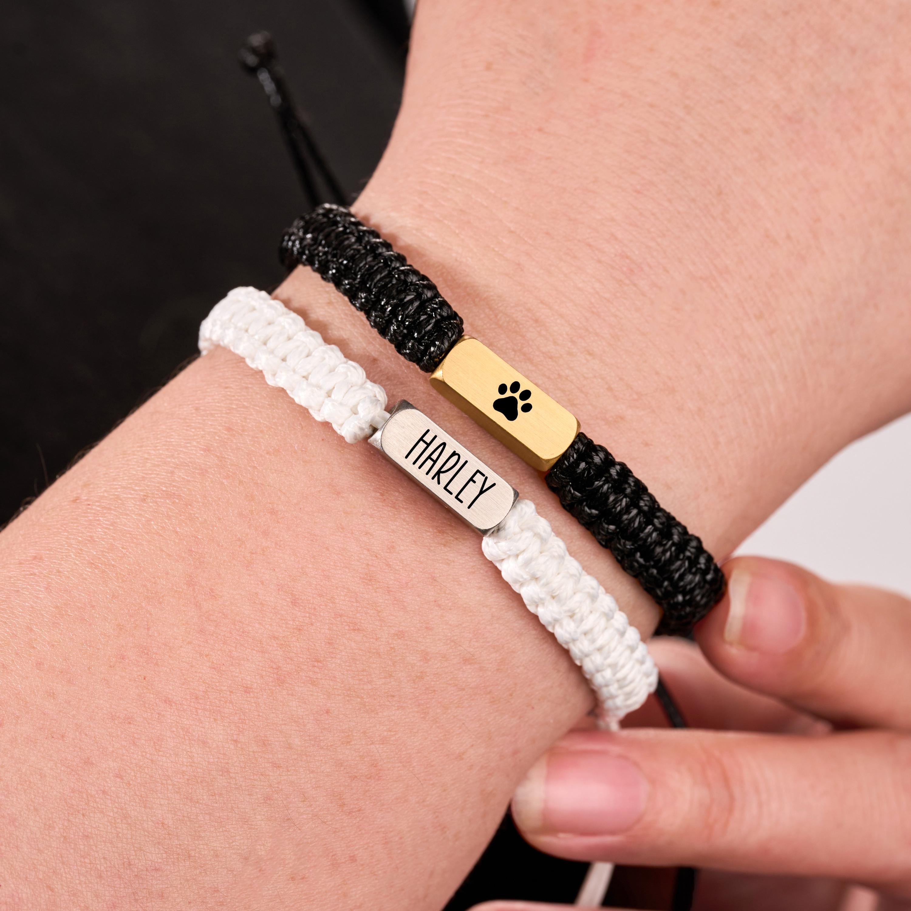 Personalized Pet Paw Print Bracelet, Stainless steel, Adjustable Macramé, Dog Cat Memorial Keepsake, Custom Engraved Pet Name, Dog mom gift