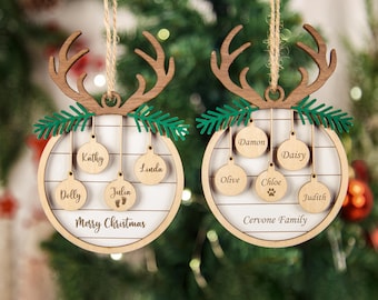 Adorno navideño familiar 2024, adorno personalizado con nombres, adorno para árbol de Navidad, adorno grabado con mascota familiar, regalos de Navidad