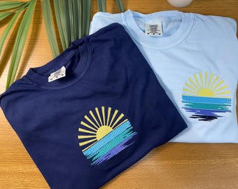 Sunrise Embroidered Shirt , Comfort Colors Beach Sunset Shirt and Sweatshirt, Minimal Summer Coastal Aesthetic Gift for Everyone SummerVibe