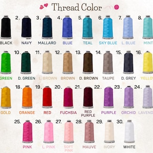 a collection of thread colors, each corresponding to a different color of thread. The colors include black, navy, mallard, blue, teal, sky blue, mint, green, brown, brown, taupe, yellow, grey, green, brown, red, purple, orange, soft pink, mauve, ivory, and white.