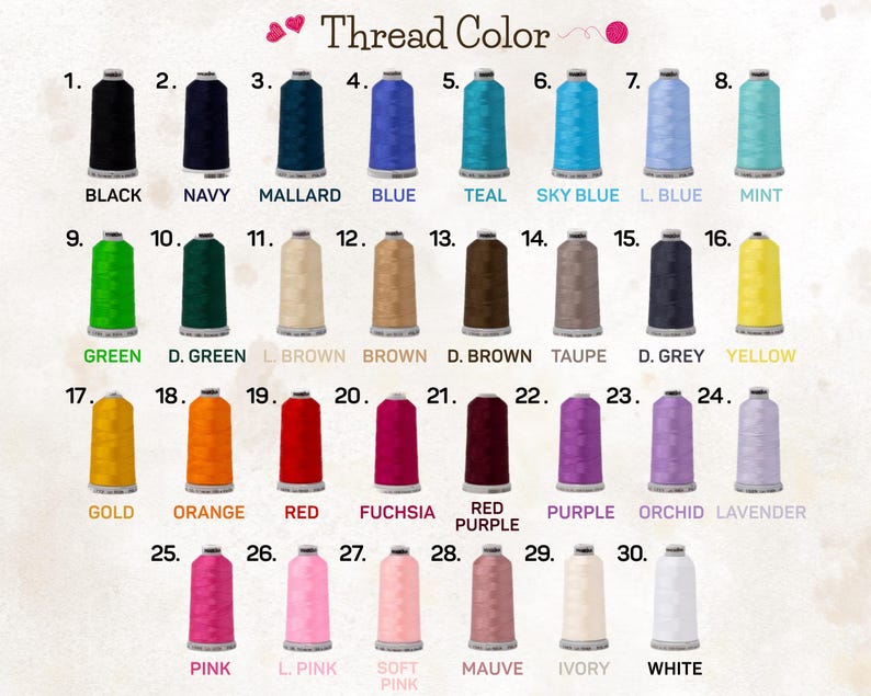 a collection of thread colors, each corresponding to a different color of thread. The colors include black, navy, mallard, blue, teal, sky blue, mint, green, brown, brown, taupe, yellow, grey, green, brown, red, purple, orange, soft pink, mauve, ivory, and white.