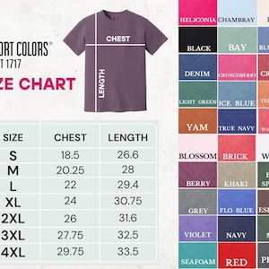 Comfort Colors 1717 Tshirt Color And Size Chart S to 4XL