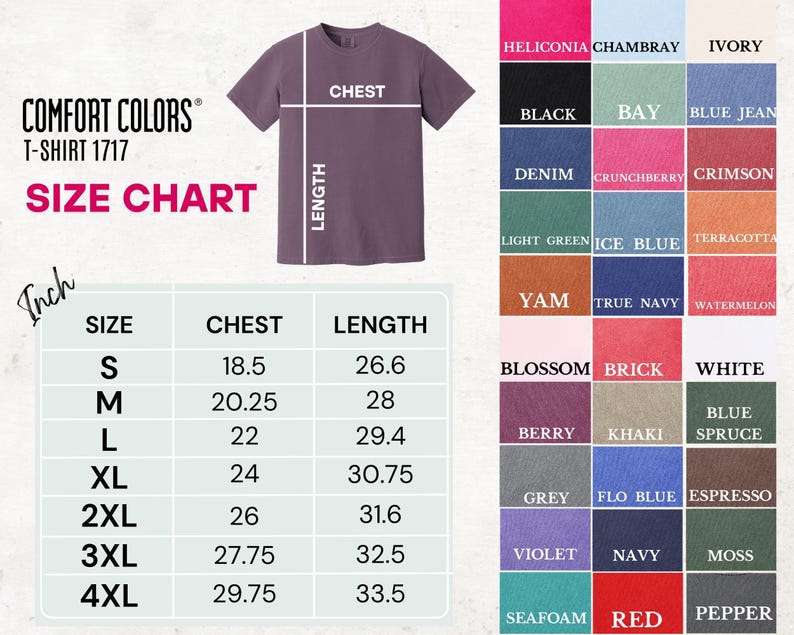 Comfort Colors 1717 Tshirt Color And Size Chart S to 4XL