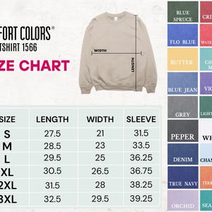 Comfort Colors 1566 Sweatshirt Color And Size Chart S to 3XL