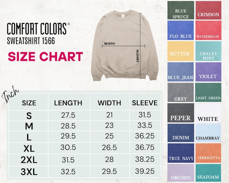 Comfort Colors 1566 Sweatshirt Color And Size Chart S to 3XL