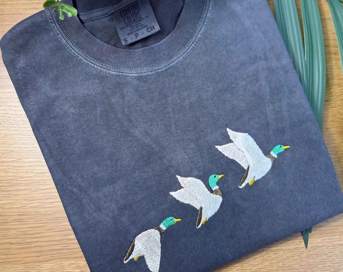 Embroidered Flying Duck Shirt: Comfort Colors Cotton Tee, Nature Lover Gift
