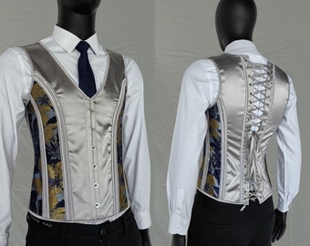 Men Corset,Gray matching Floral Satin Corset Vest,Male Lace-up Corset Top Vest for Wedding/Prom,Slimming Waistcoat,Custom Size Corset