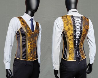 Yellow Floral Men Corset Vest,Male Lace-up Corset Top Vest for Wedding/Prom/Event,Slimming Waistcoat for Men,Mens Corset With Boning