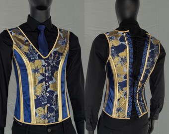 Men Corset,Gold Blue Jacquard Satin Corset Vest,Male Lace-up Corset Top Vest for Wedding/Prom,Slimming Waistcoat,Custom Size Corsets Men