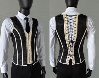 Men Corset,Black Champagne Jacquard Satin Corset Vest,Male Lace-up Corset Top Vest for Wedding/Prom,Slimming Waistcoat,Custom Size Corset