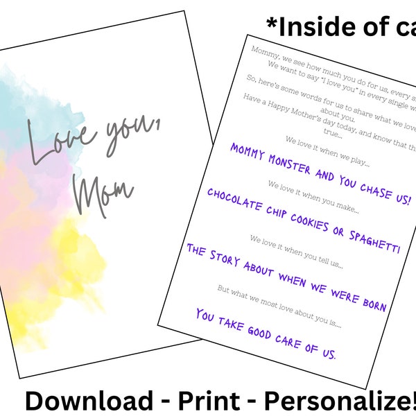 Watercolour Mother's Day Card. Printable Love you mom gift from children. Personalize the message by answering prompts. Size 8.8in x 5.5in.