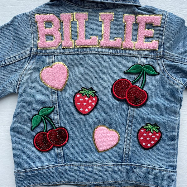 custom kids jean jacket, strawberry and cherry patched jacket, custom name jacket