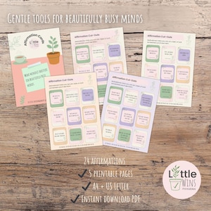Tarjetas de Afirmaciones Imprimibles – 24 Frases Motivadoras para el Autocuidado y la Agobia / Tamaño A4 + Carta / Descarga Digital