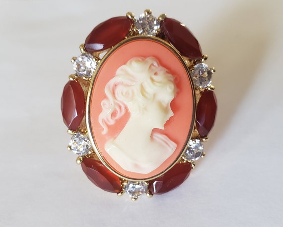 Vintage Cameo Ring with cubic zirconia ruby, Crys… - image 3