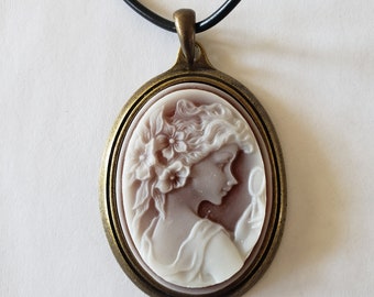 Bronze Cameo Pendant with Leather cord necklace